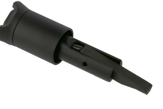 The Strike Industries AR 15 forward assist assembly is anodized black